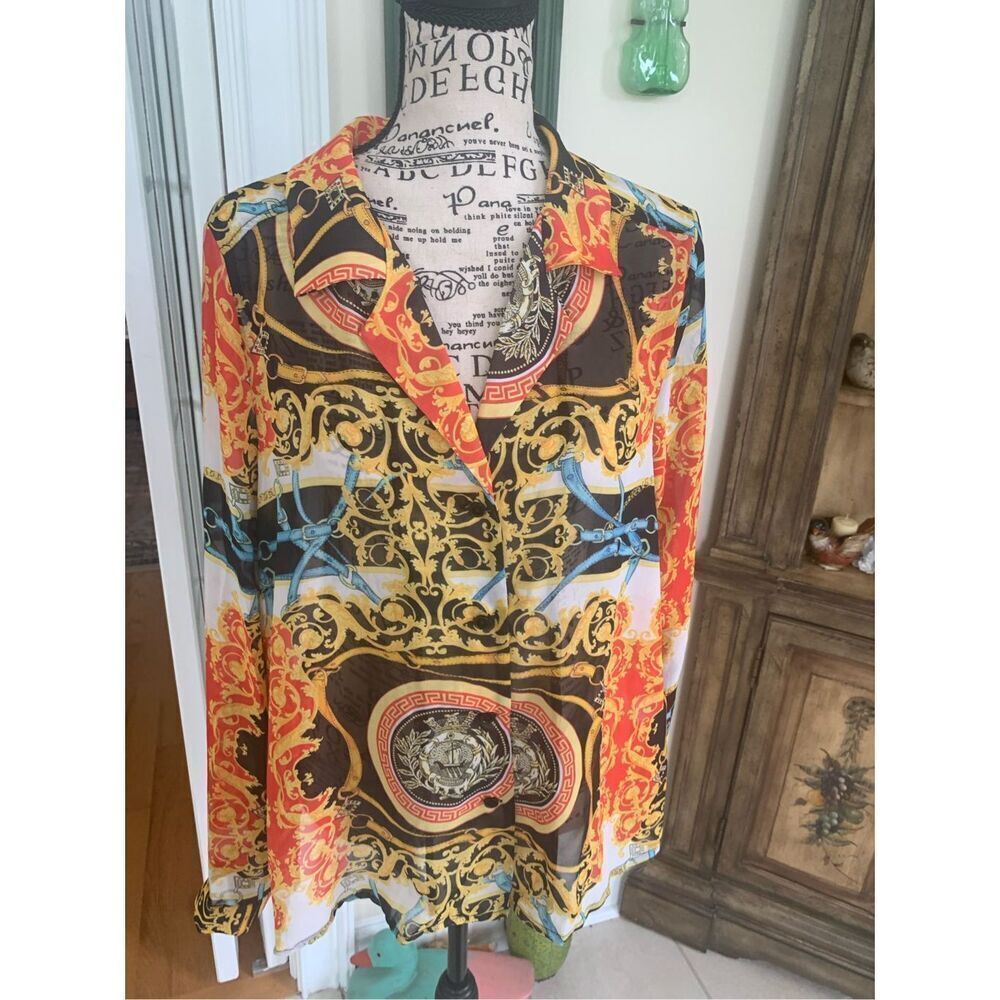 Timing by Forever 21 orange  Gold Print Long Sleeve Button Down Shirt